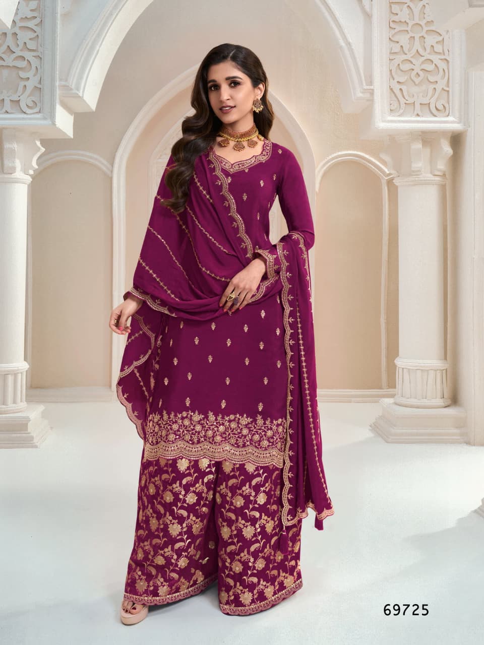 Aarshi Fashions Magenta Jacquard Silk Full Stitched Palazzo Sets