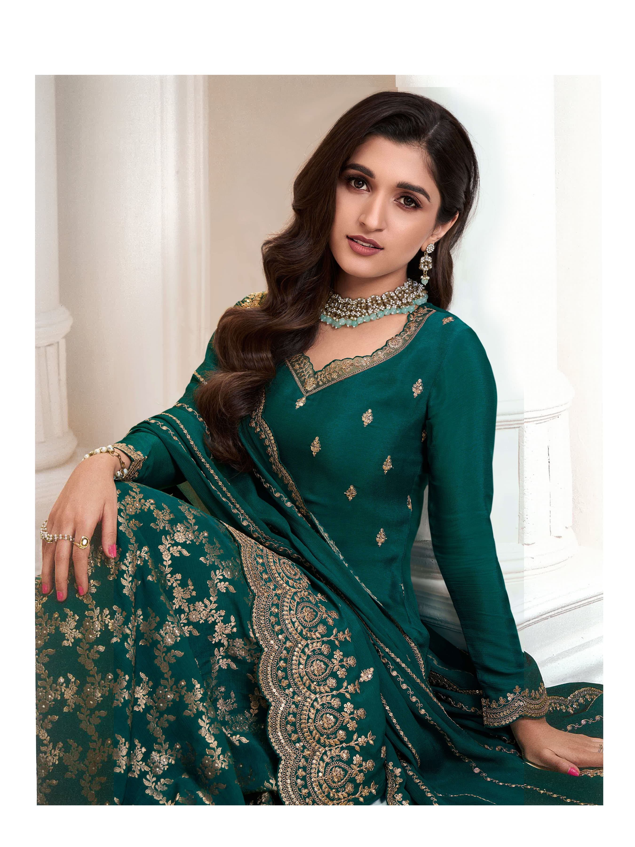 Aarshi Fashions Teal Jacquard Silk Full Stitched Palazzo Sets