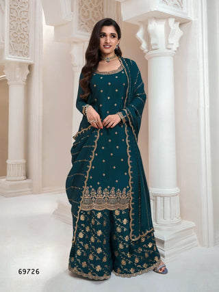 Aarshi Fashions Teal Jacquard Silk Full Stitched Palazzo Sets