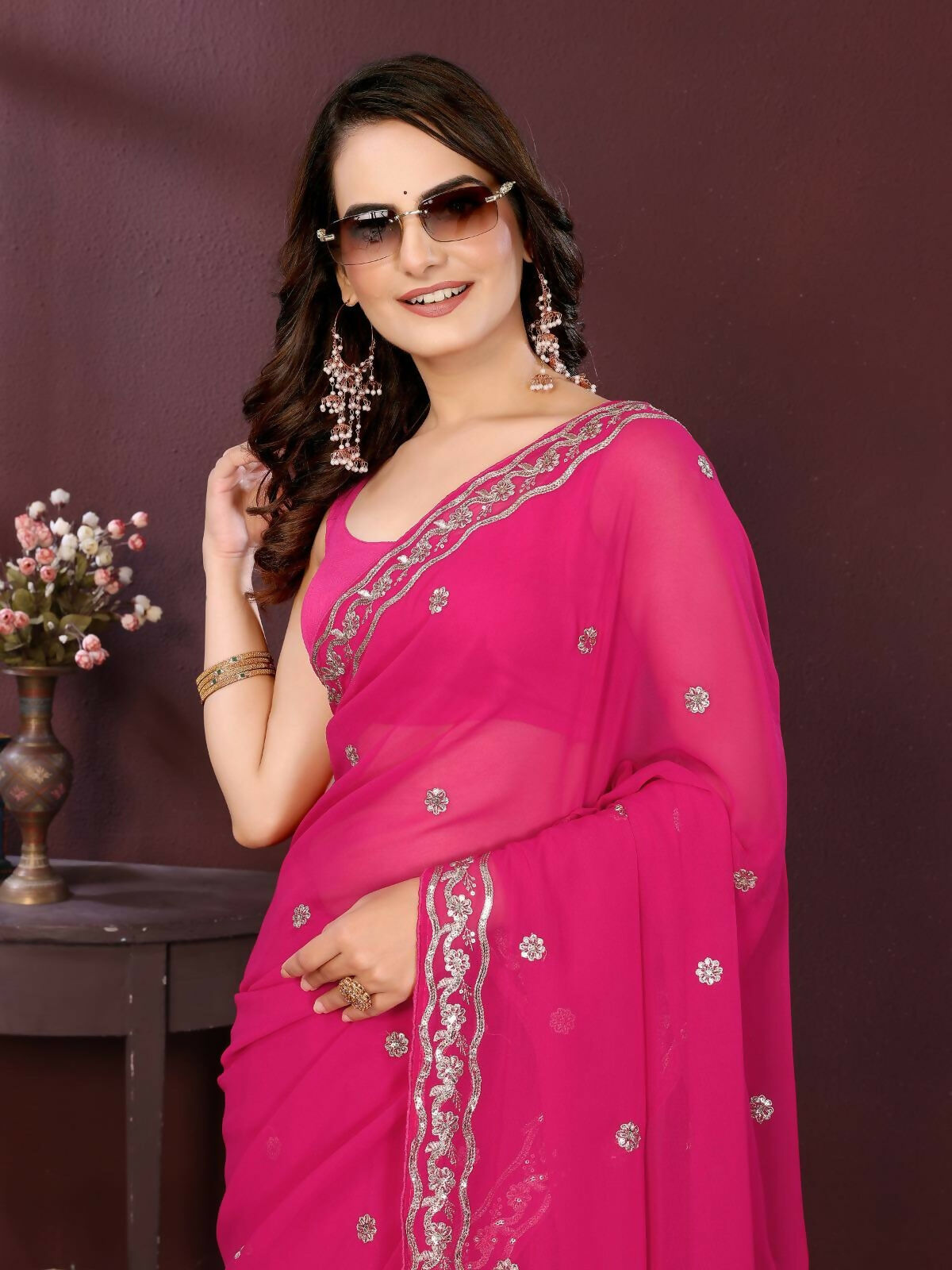 Ai Fashion Pink Soft Georgette Embroidery Party Wear Saree
