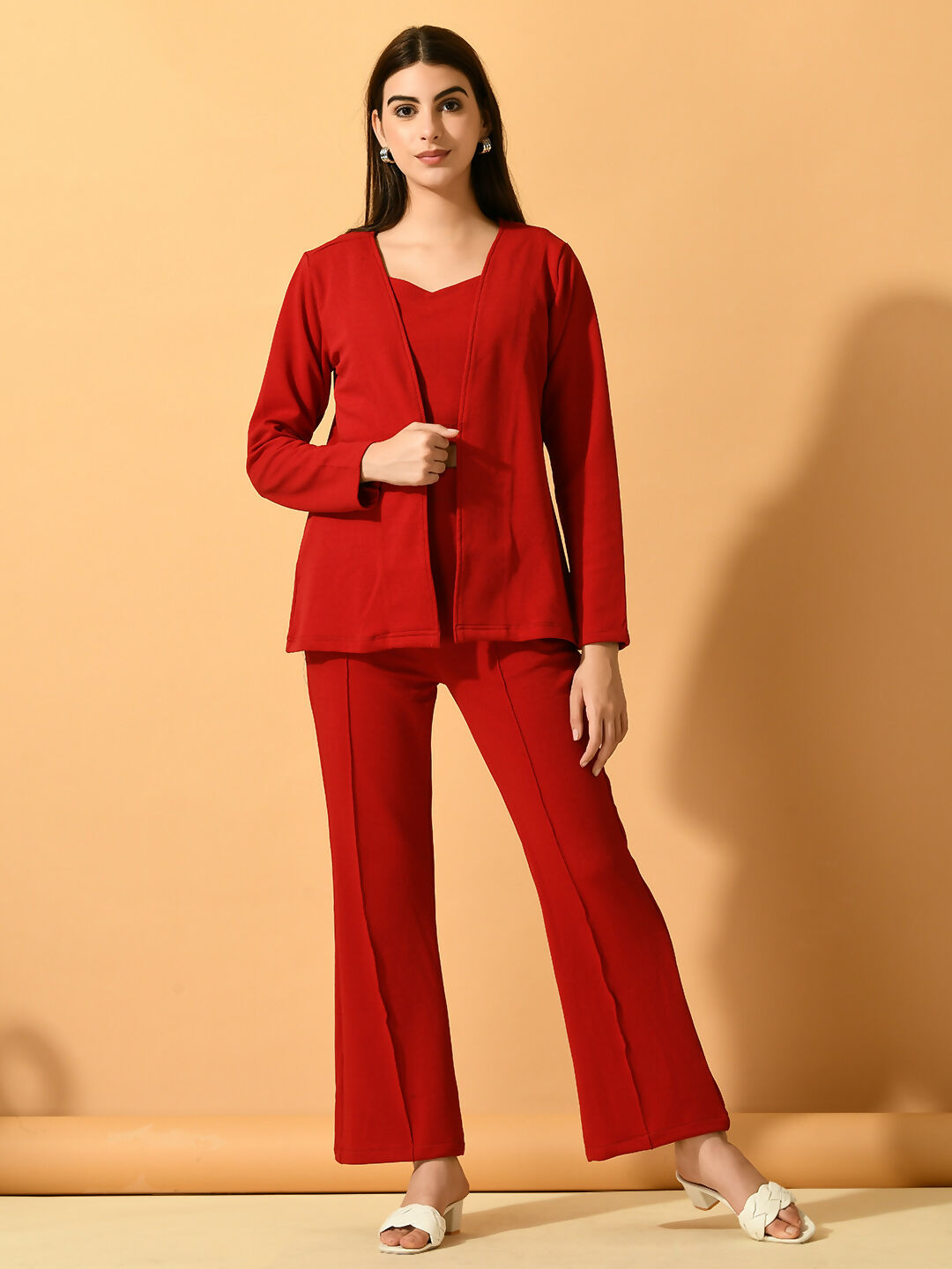 Myshka Women's Red Solid Coat With Trousers - Distacart
