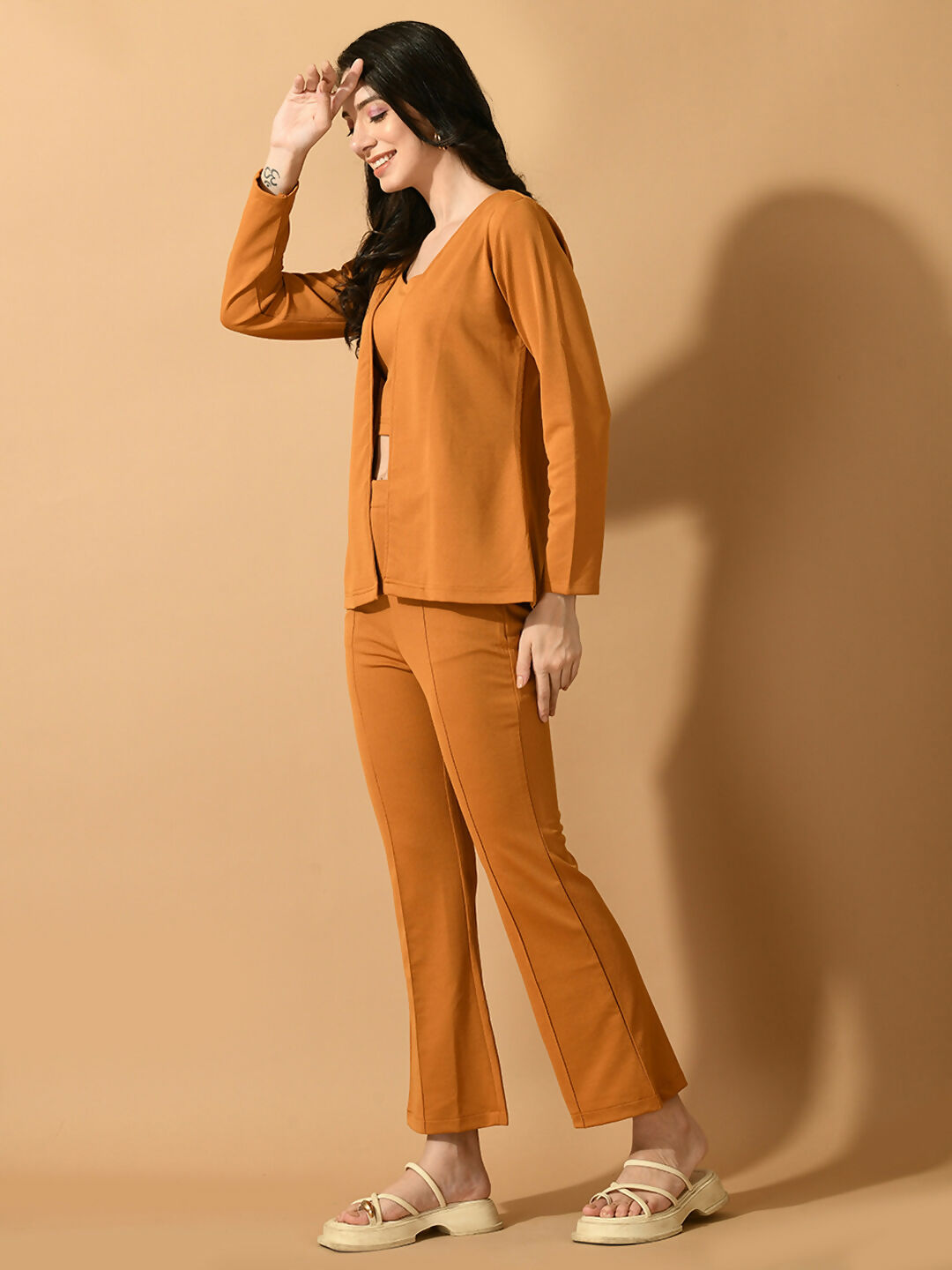 Myshka Women's Mustard Solid Coat With Trousers - Distacart