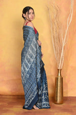 Thumbnail for Very Much Indian Modal Silk Ajrakh Handblock Printed Natural Dyes Sleek Border Saree - Powder Blue - Distacart