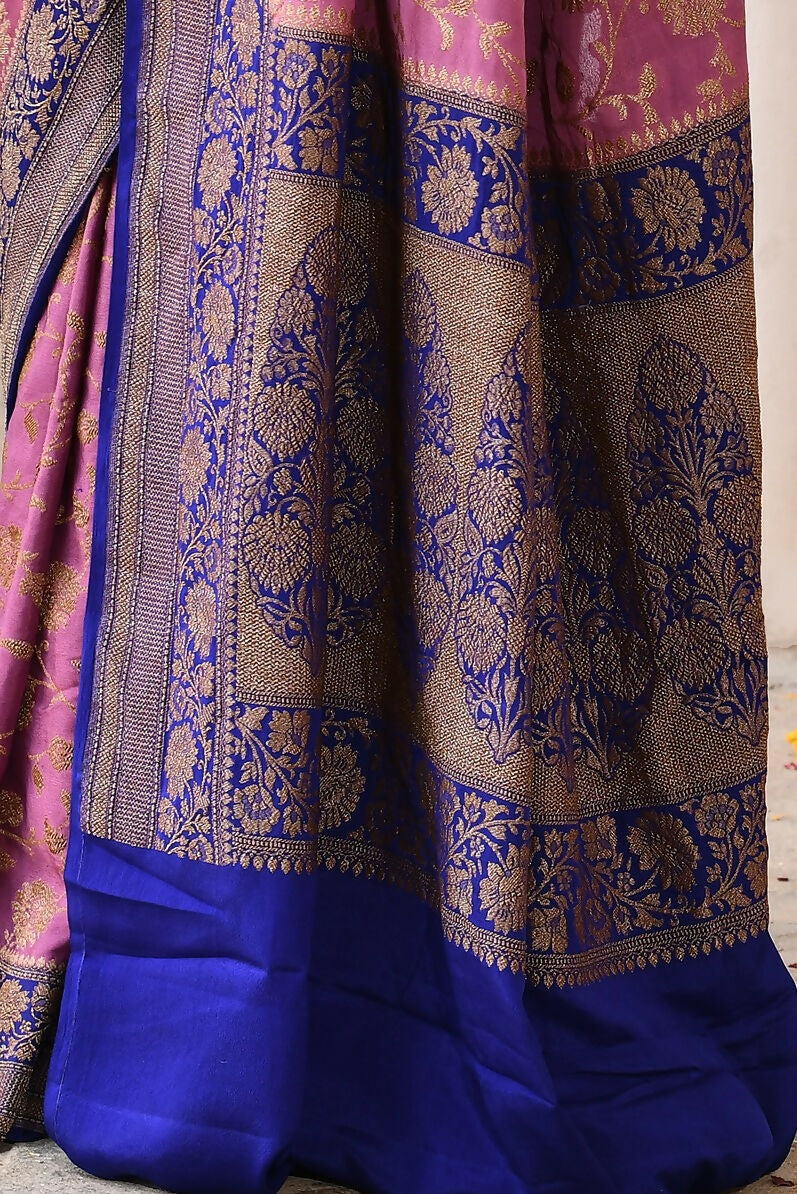 Joban Fashion Nude Pink Crepe Chiffon Pure Handloom Banarasi Silk Saree