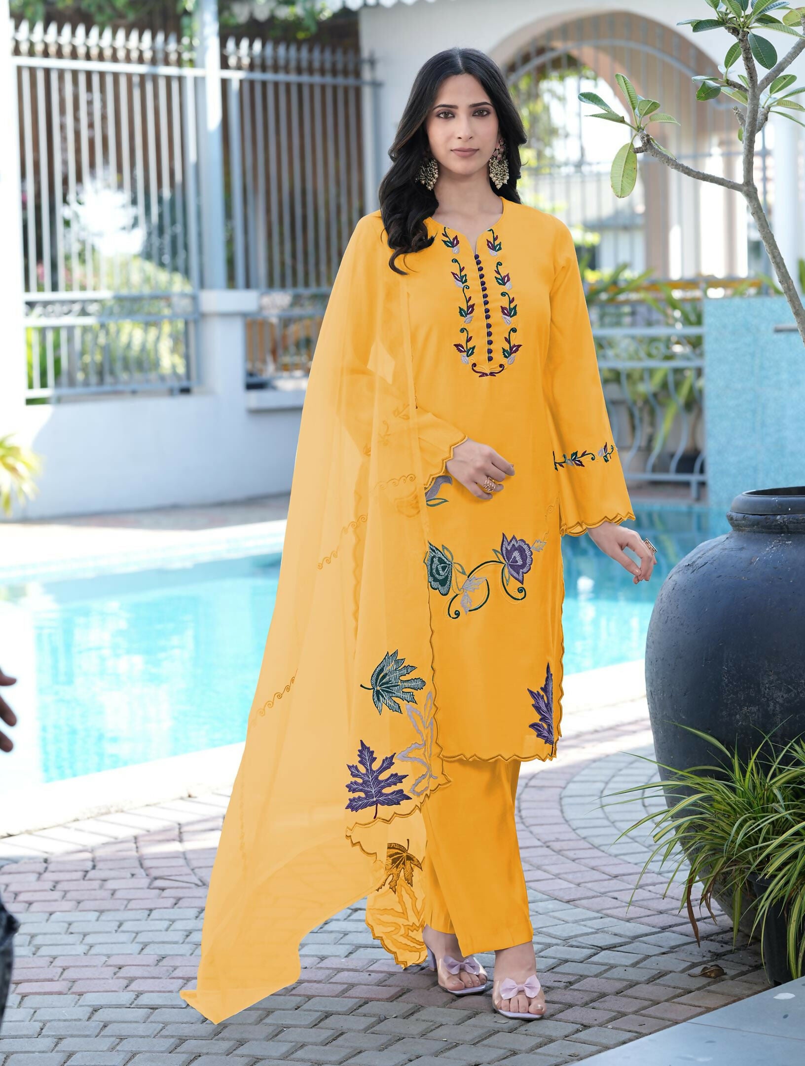 Nikhaar Yellow Embroidered Art Silk Stitched Straight Cut Kurta Pants Dupatta Readymade Suit - Dista