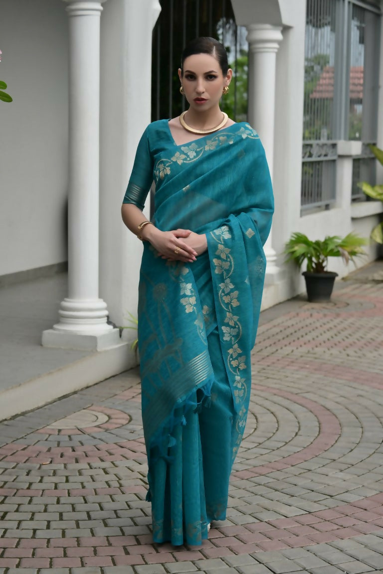 Vishnu Weaves Women's Firozi Linen Silk Zari Weaving Saree with Blouse