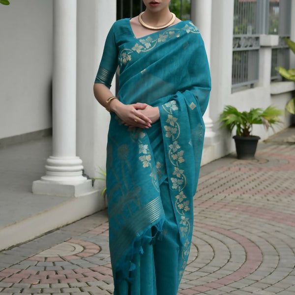 Vishnu Weaves Women's Firozi Linen Silk Zari Weaving Saree with Blouse