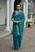 Thumbnail for Vishnu Weaves Women's Firozi Linen Silk Zari Weaving Saree with Blouse