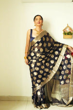 Thumbnail for Malishka Cotton Silk Jacquard Ready To Wear Saree With Blouse Piece - Black - Distacart