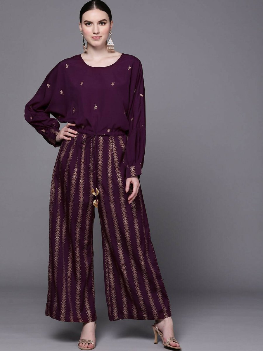Ahalyaa Purple & Golden Printed Basic Jumpsuit - Distacart