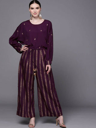 Ahalyaa Purple & Golden Printed Basic Jumpsuit - Distacart