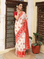 Thumbnail for Astita White & Red Linen Cotton Saree