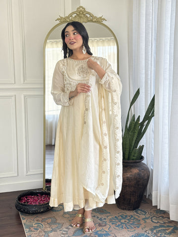 The52 CreamWomen's Gorgeous Embroidered Vichitra Silk Fabric Flared Kurta Pant with Dupatta Set - Distacart