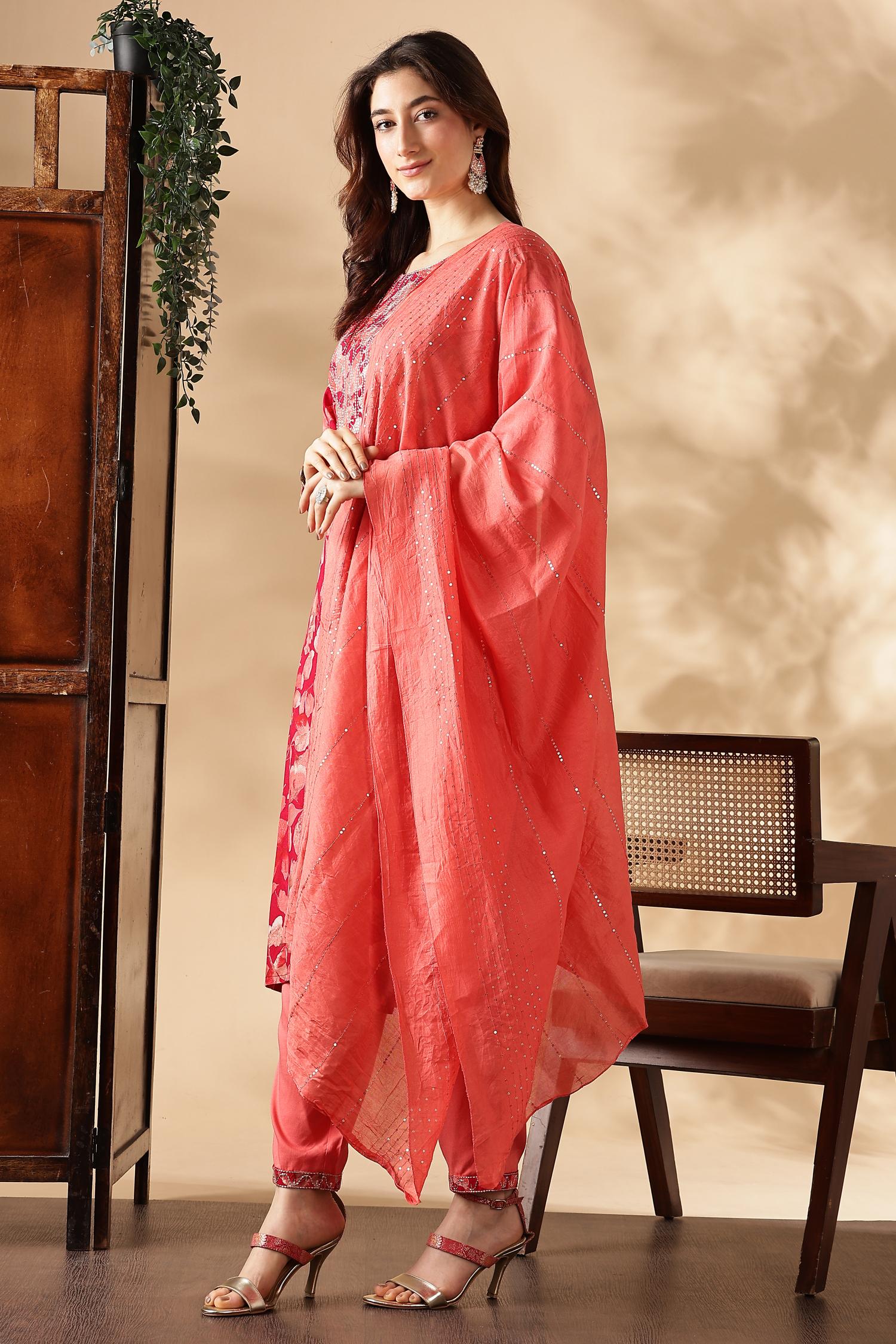 BulBul Simar Rayon Fuschia Kurta Set with Dupatta