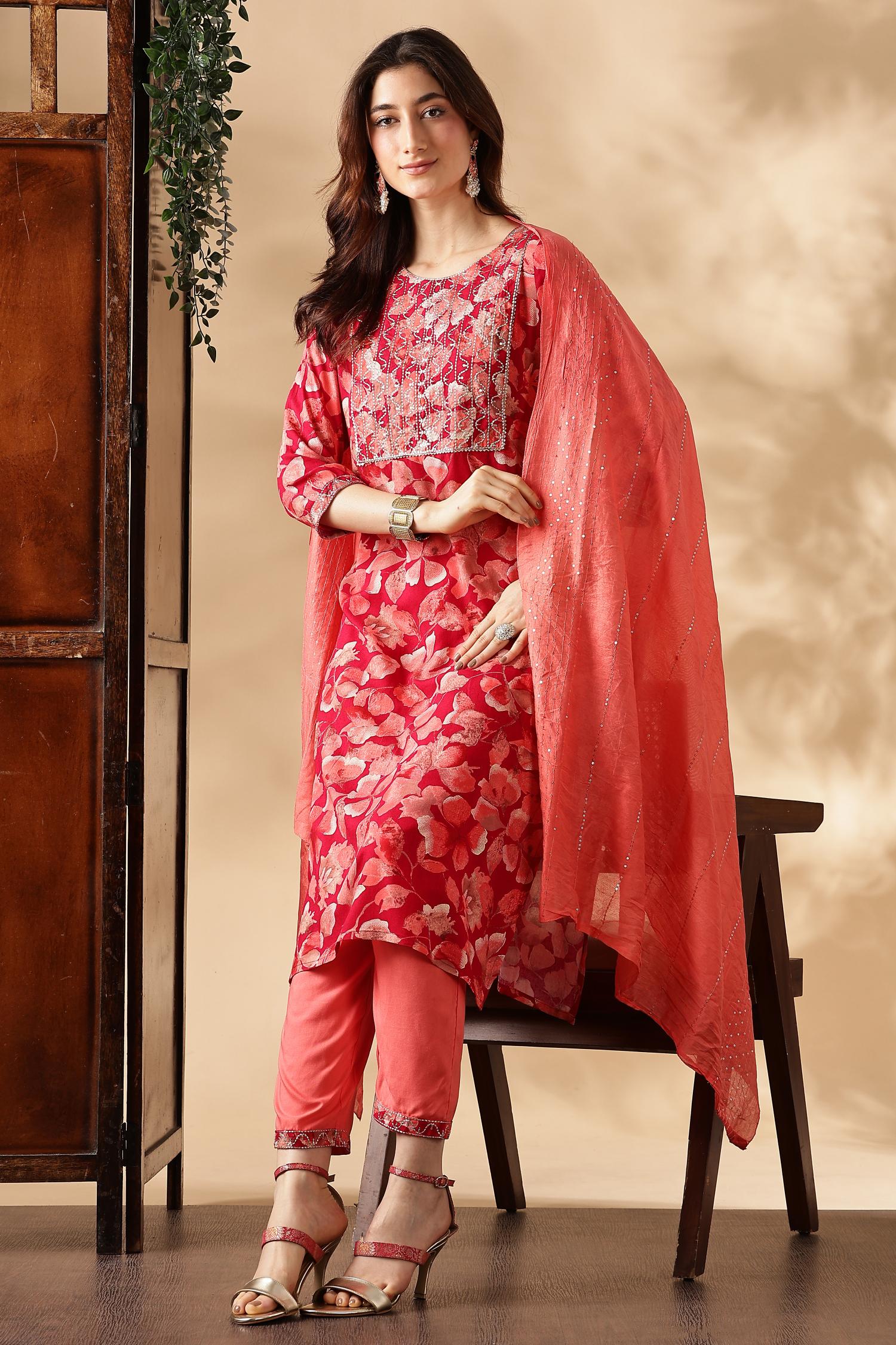 BulBul Simar Rayon Fuschia Kurta Set with Dupatta