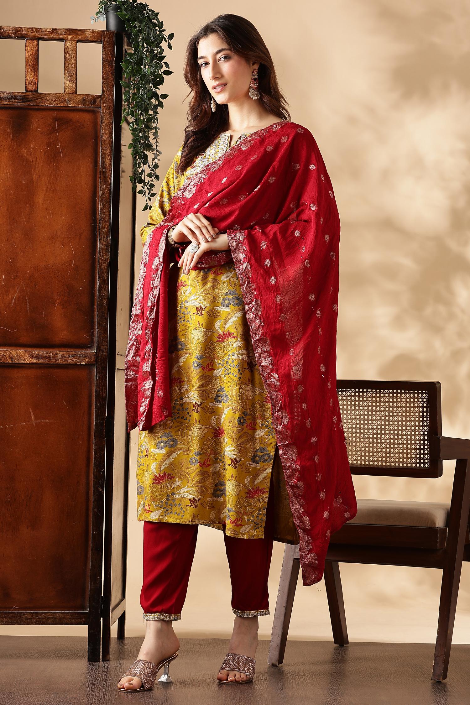 BulBul Alfina Yellow Rayon Kurta Set with Dupatta