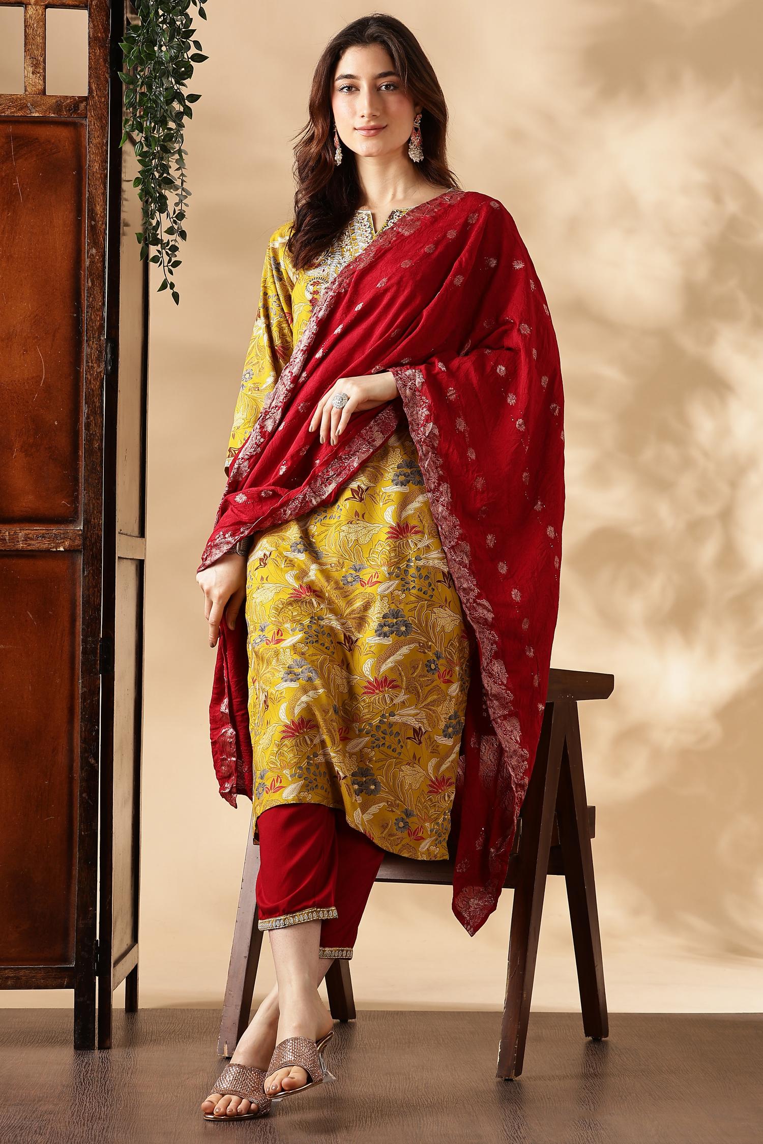 BulBul Alfina Yellow Rayon Kurta Set with Dupatta