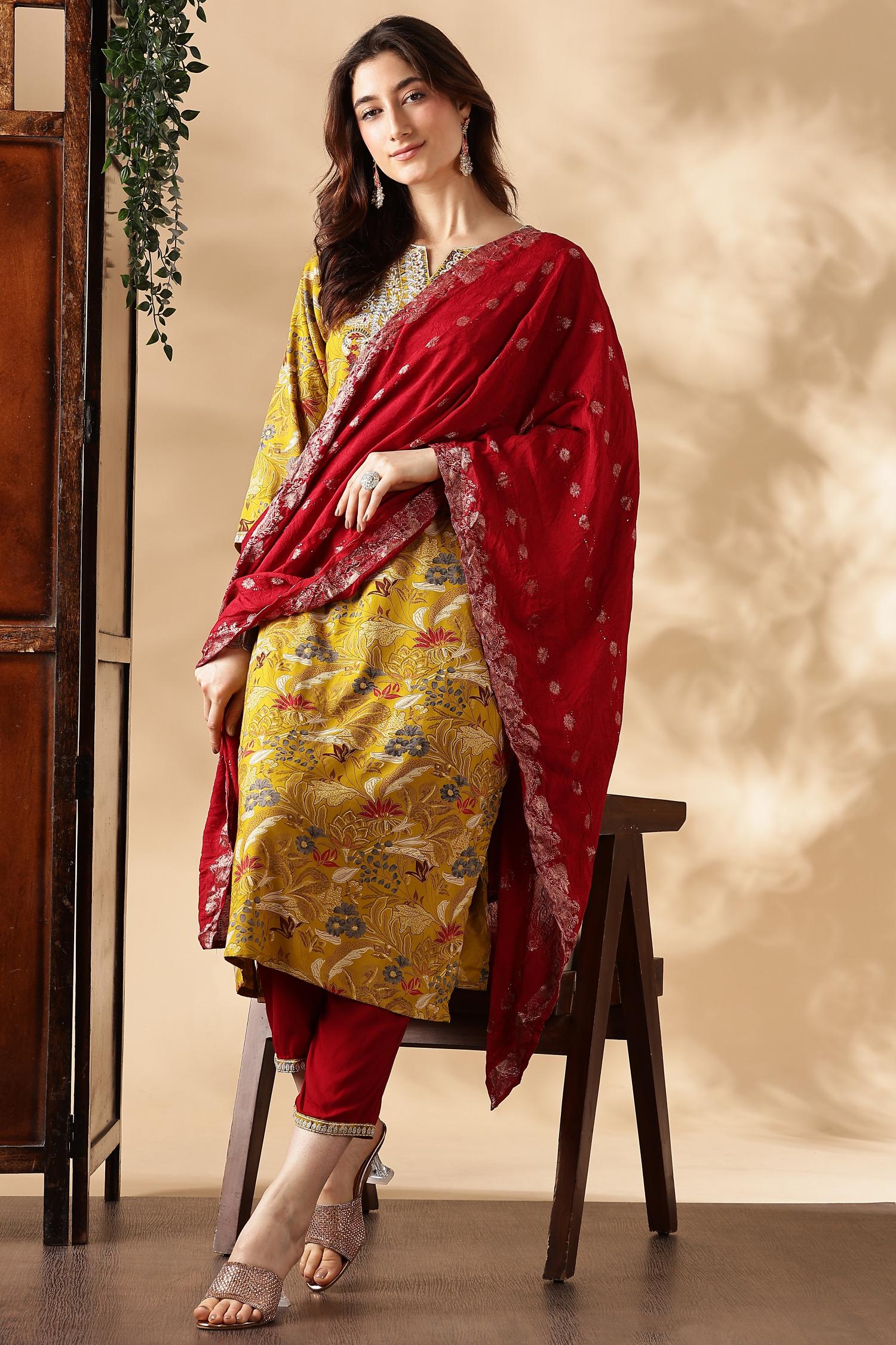 BulBul Alfina Yellow Rayon Kurta Set with Dupatta