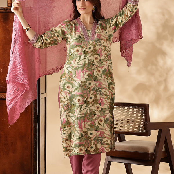 BulBul Aafiya Green Rayon Kurta Set with Dupatta