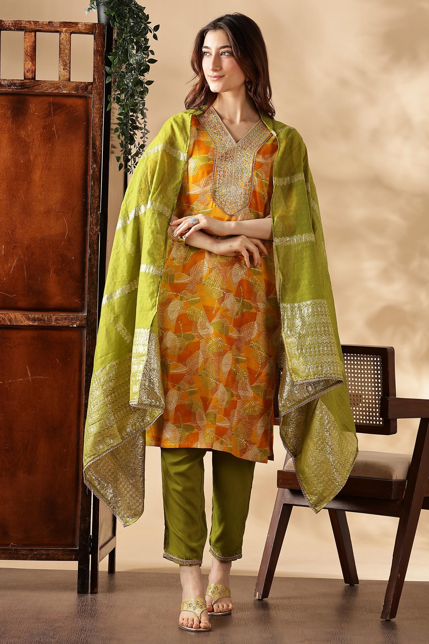 BulBul Darshita Mustard Rayon Kurta Set with Dupatta