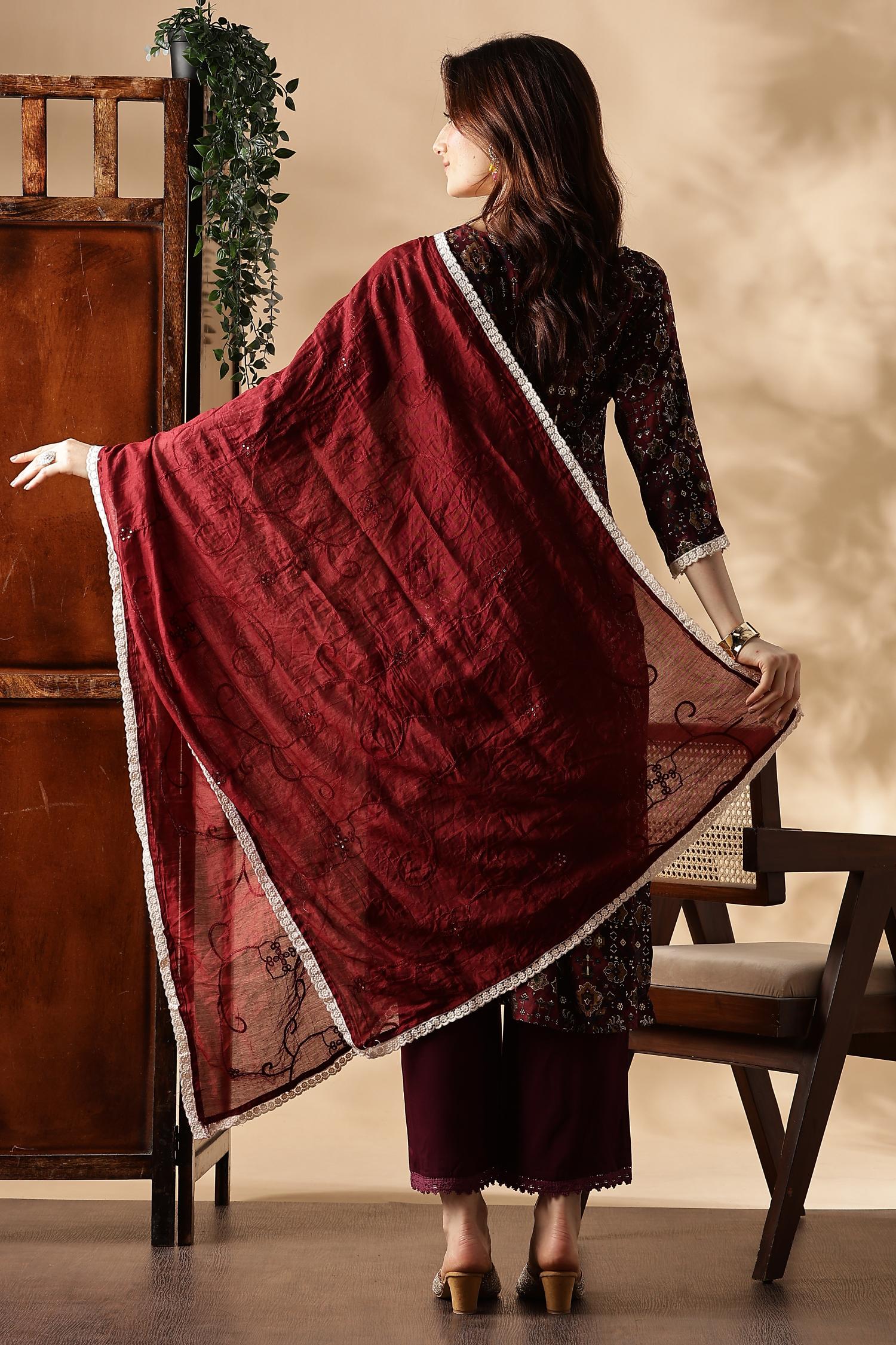 BulBul Anjali Wine Rayon Kurta Set with Dupatta