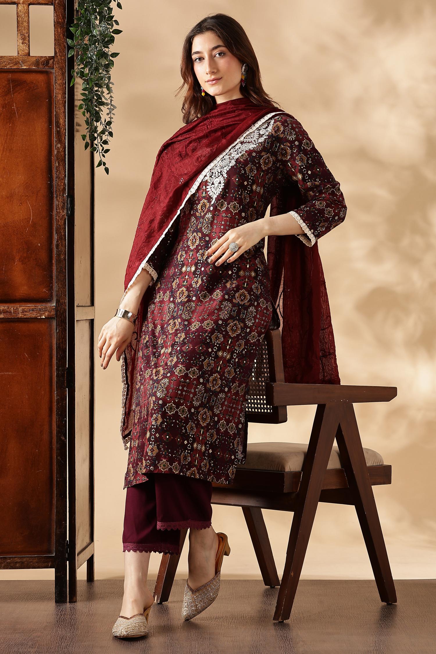 BulBul Anjali Wine Rayon Kurta Set with Dupatta