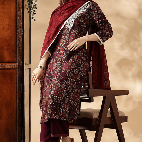 BulBul Anjali Wine Rayon Kurta Set with Dupatta