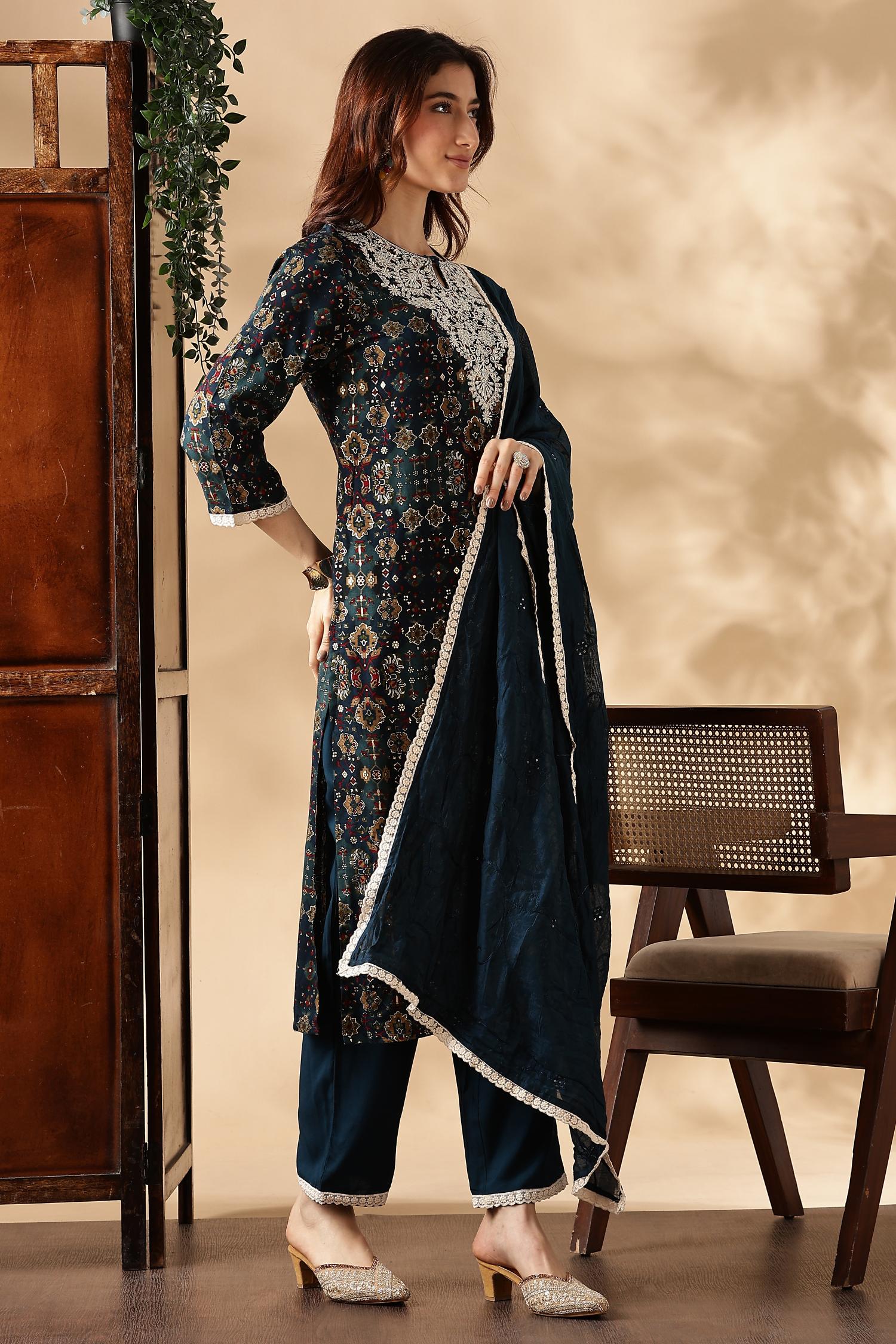 BulBul Anjali Rayon Teal Kurta Set with Dupatta