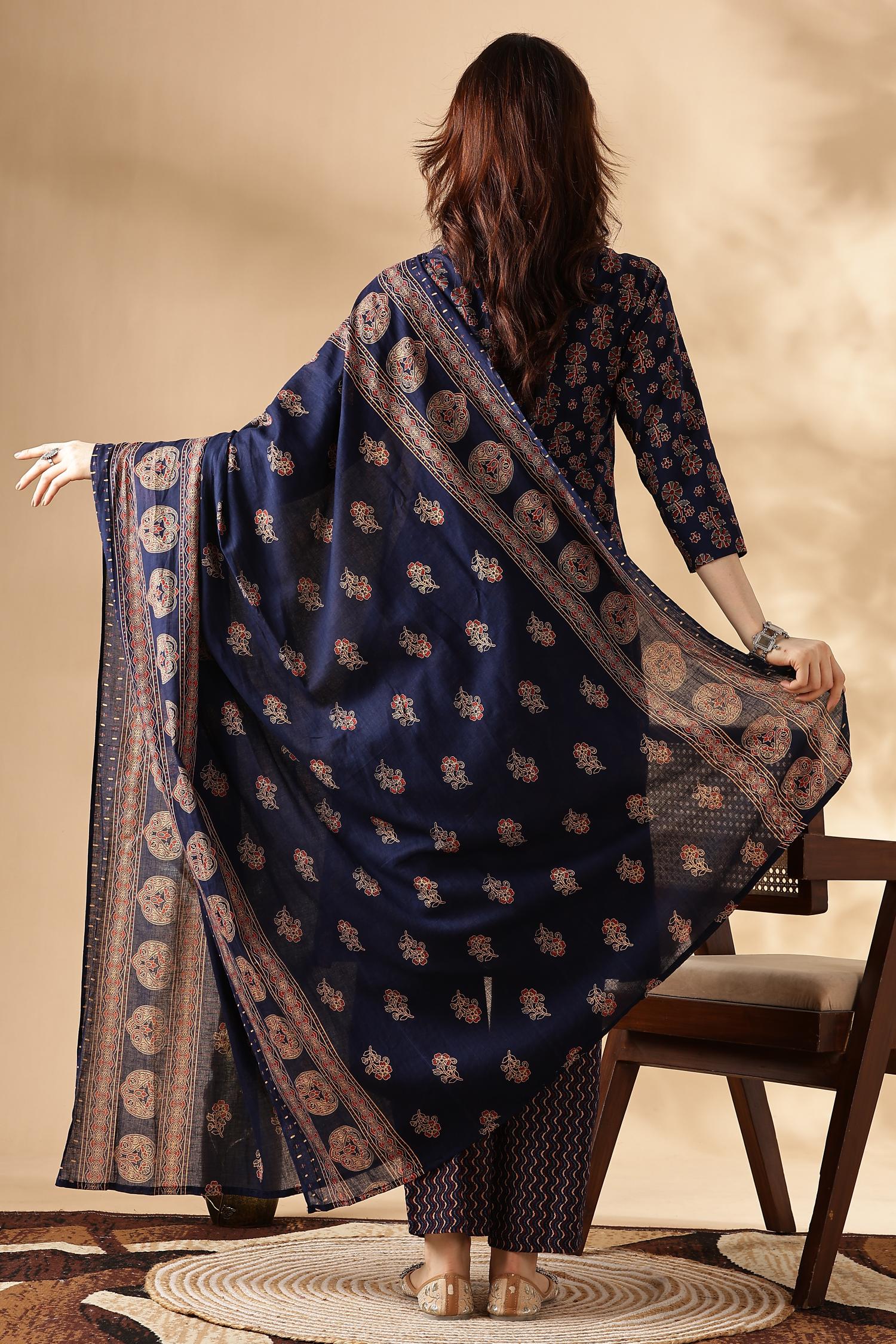 BulBul Navy Blue Cotton Kurta Set with Dupatta