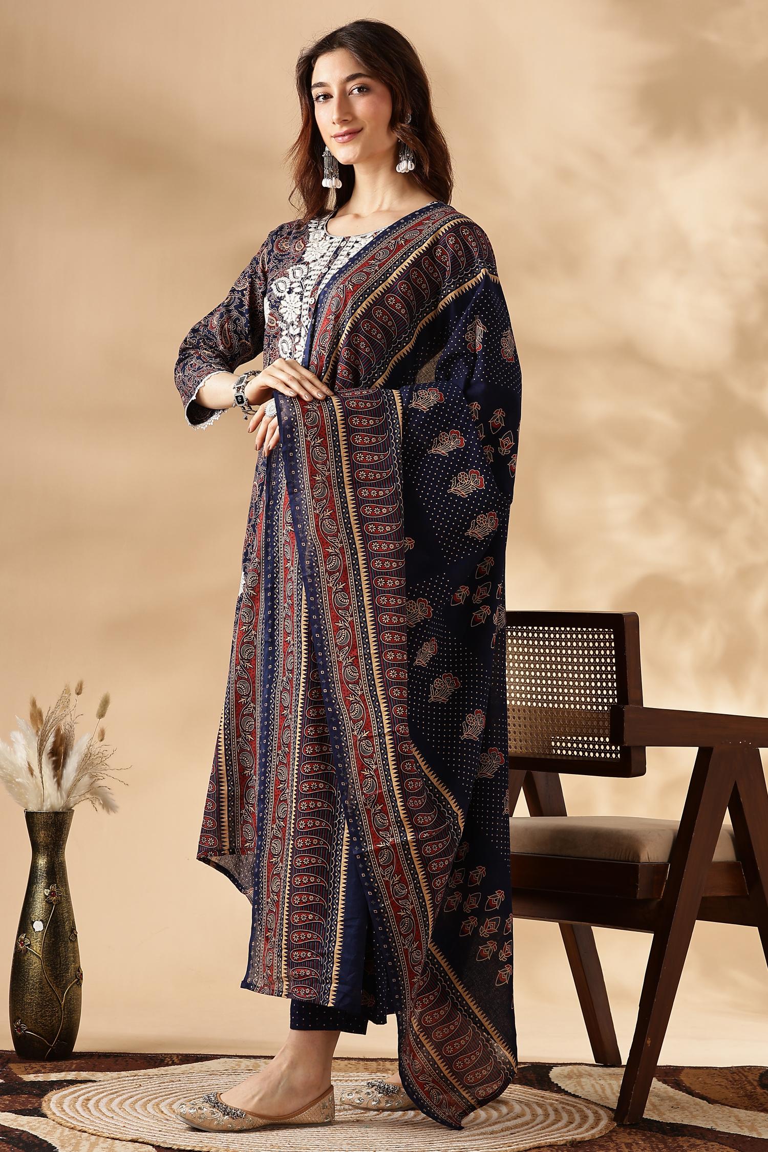 BulBul Embroidered Cotton Navy Kurta Set with Dupatta