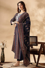 Thumbnail for BulBul Embroidered Cotton Navy Kurta Set with Dupatta