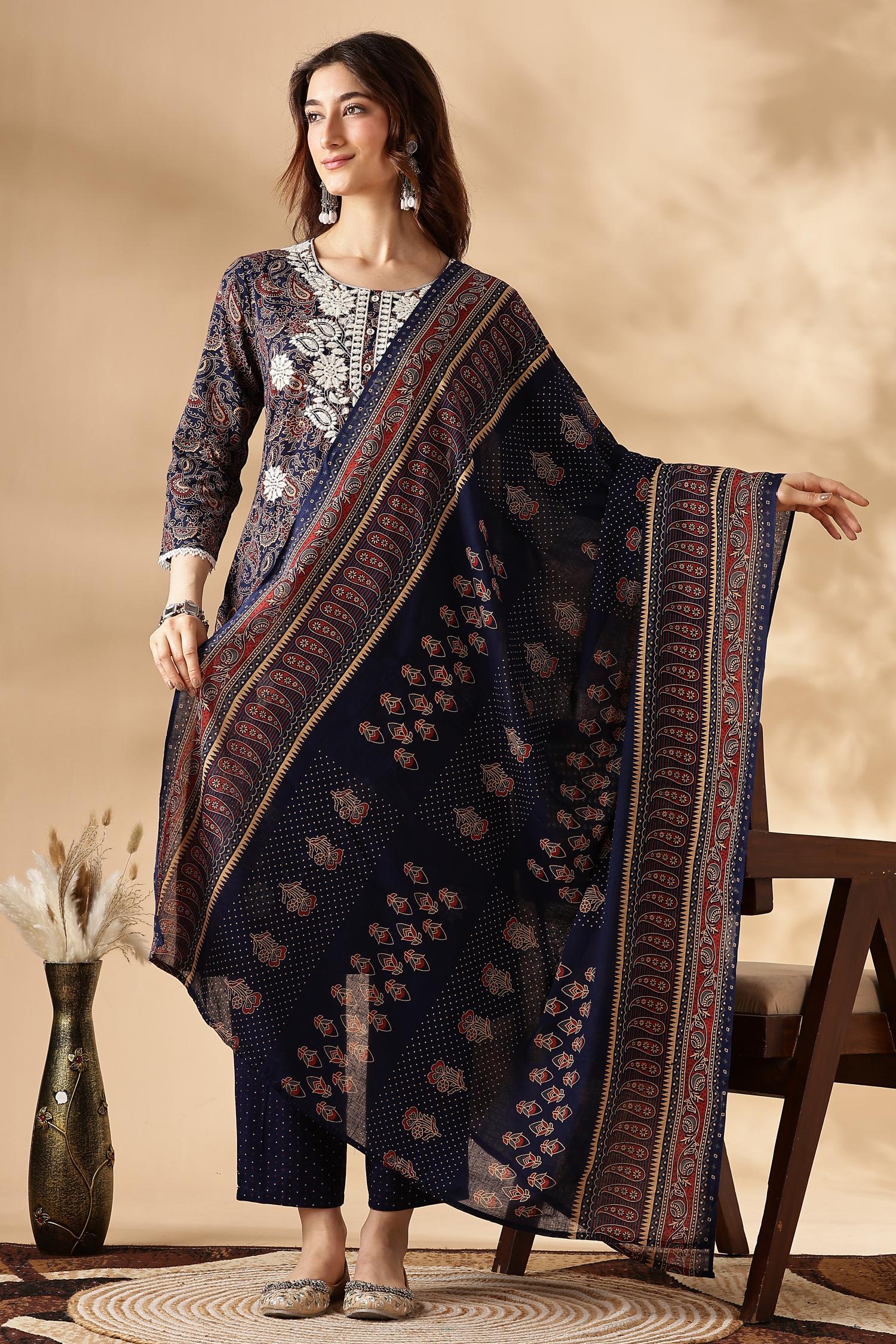 BulBul Embroidered Cotton Navy Kurta Set with Dupatta