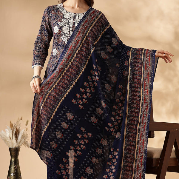 BulBul Embroidered Cotton Navy Kurta Set with Dupatta