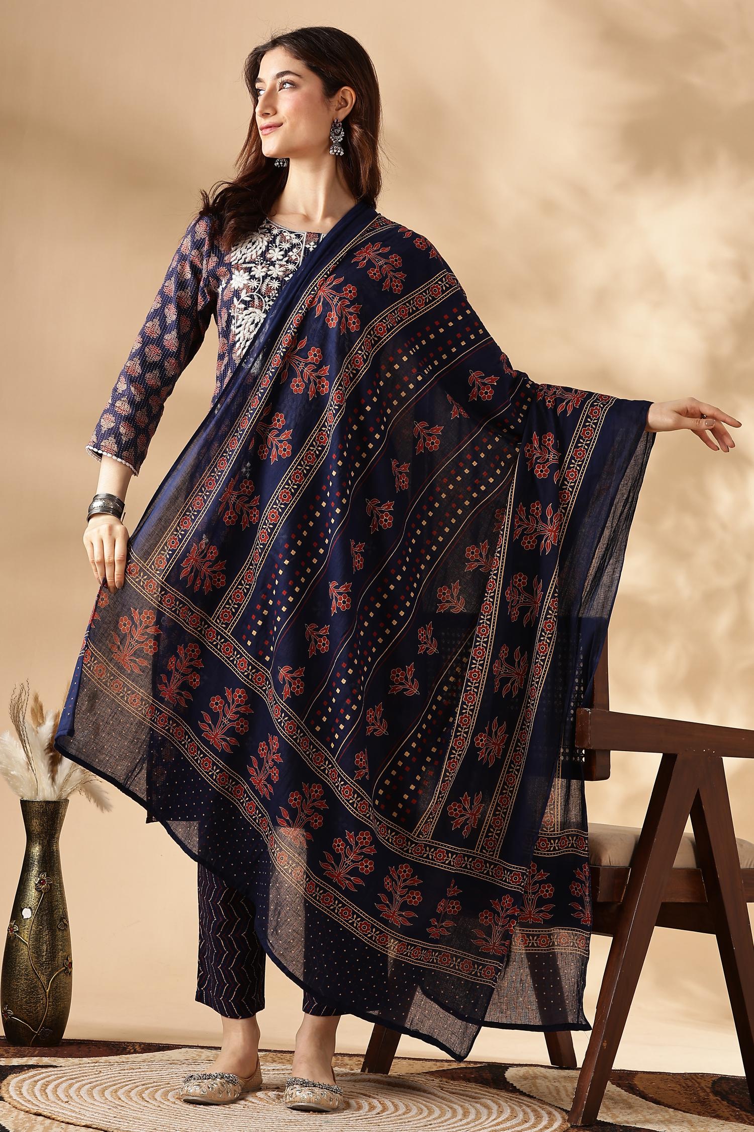 BulBul Navy Cotton Abstract Kurta Set with Dupatta