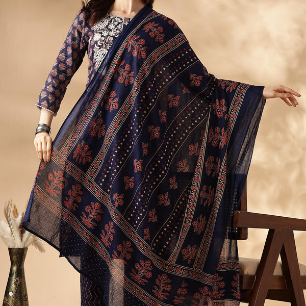 BulBul Navy Cotton Abstract Kurta Set with Dupatta