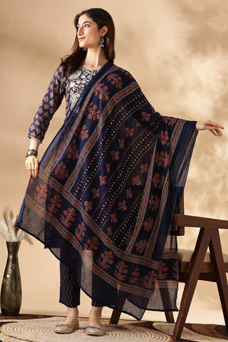 BulBul Navy Cotton Abstract Kurta Set with Dupatta
