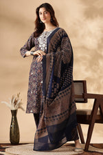 Thumbnail for BulBul Cotton Navy Kurta Set with Dupatta