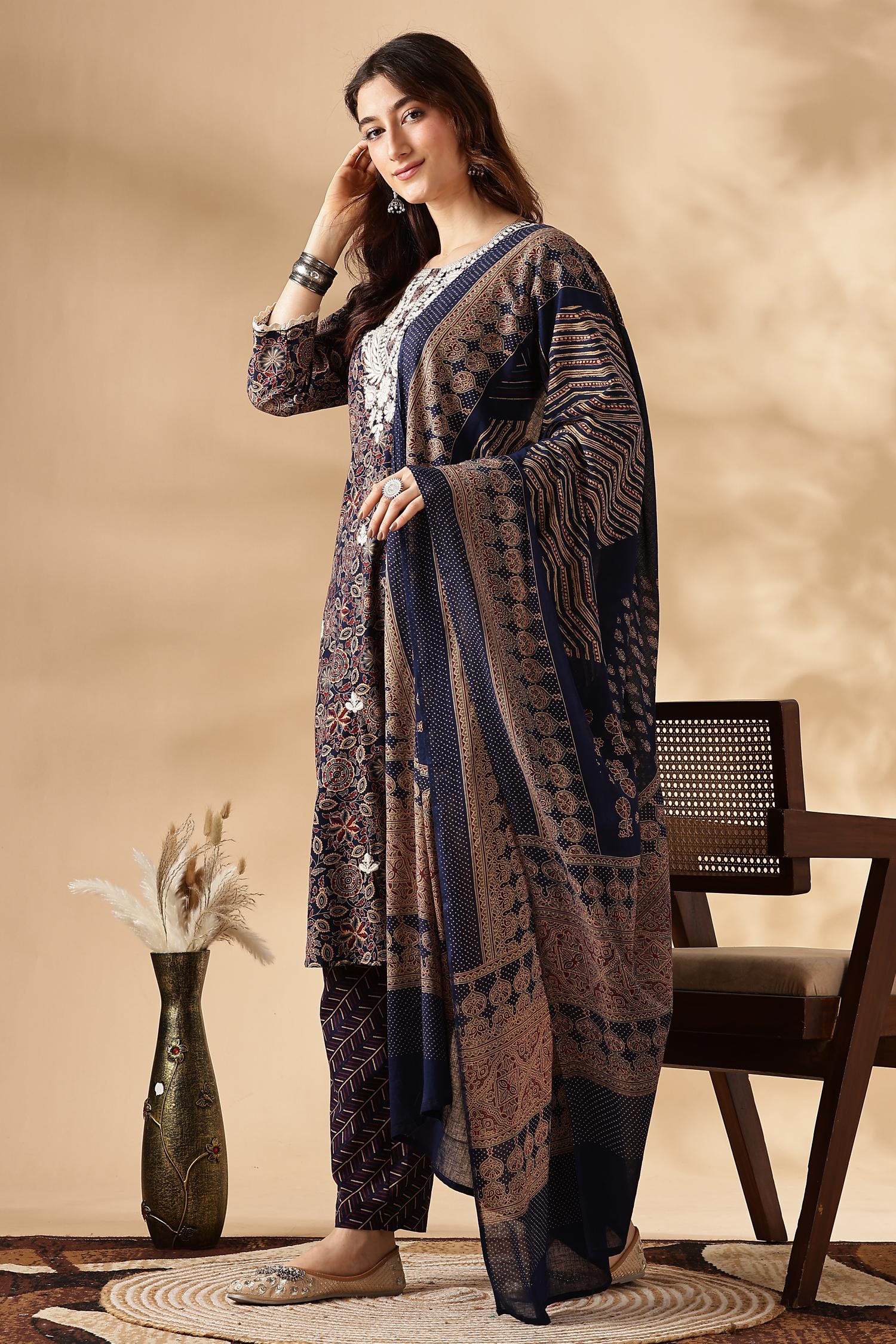 BulBul Cotton Navy Kurta Set with Dupatta
