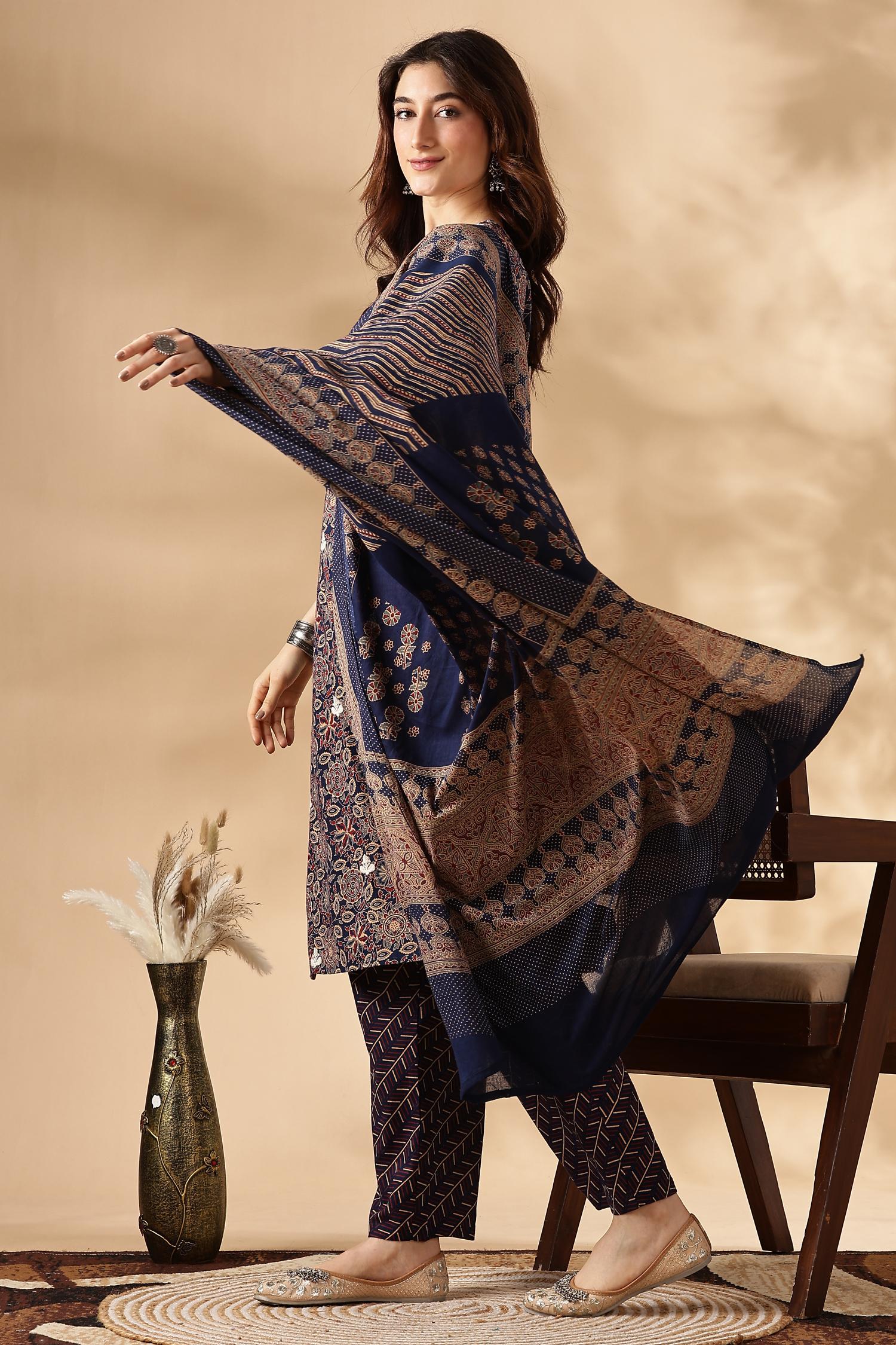 BulBul Cotton Navy Kurta Set with Dupatta - Distacart