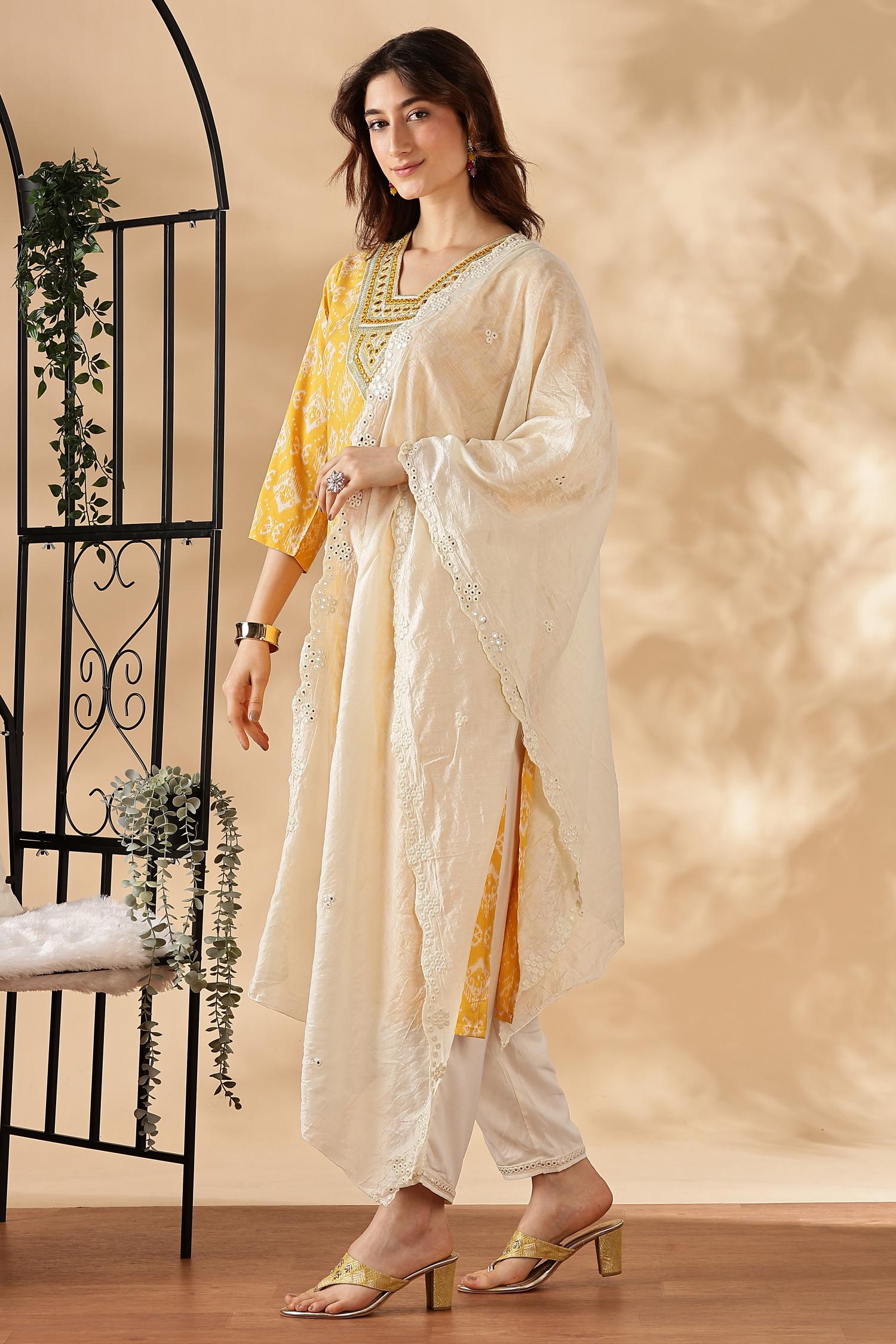 BulBul Sagarika Printed Yellow & Off White Rayon Salwar Suit