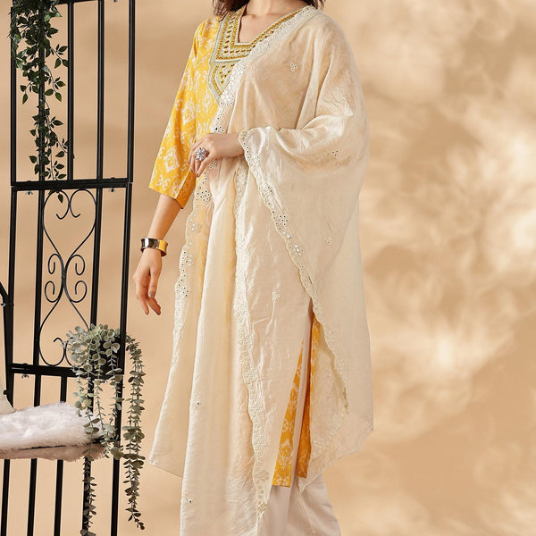 BulBul Sagarika Printed Yellow & Off White Rayon Salwar Suit