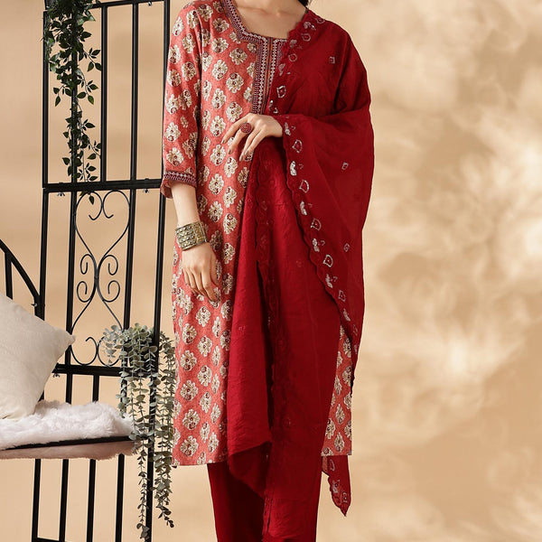 BulBul Shamaira Printed Rust Rayon Salwar Suit