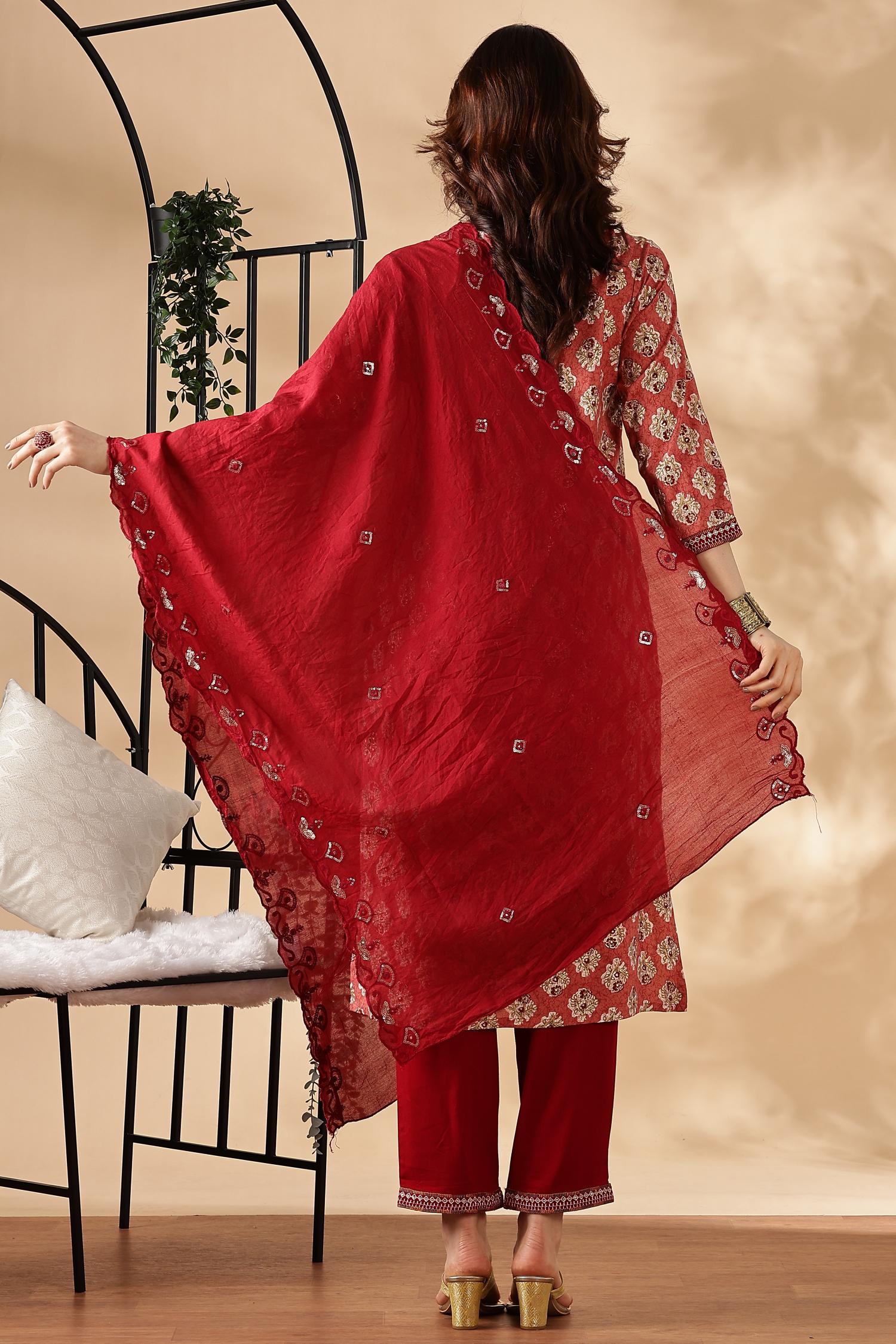 BulBul Shamaira Printed Rust Rayon Salwar Suit