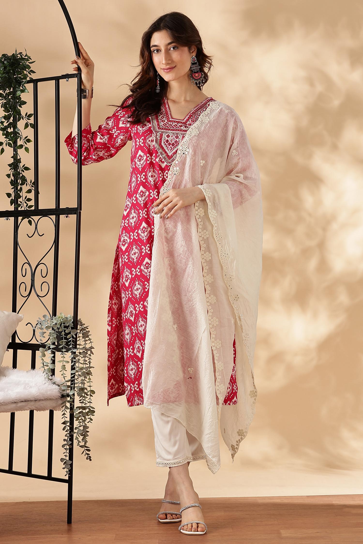BulBul Sagarika Printed Red & Off White Rayon Salwar Suit - Distacart