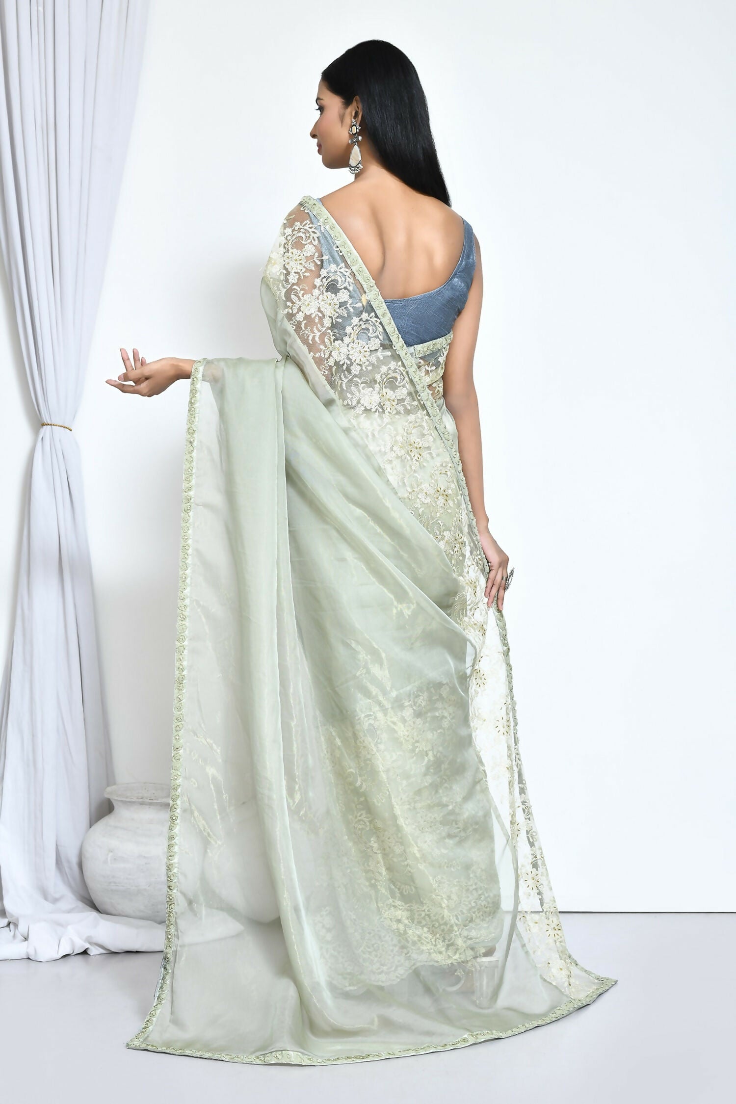 Green Organza Jari Silk Floral Embroidered Festive Saree - Nimaya Denzy - Distacart