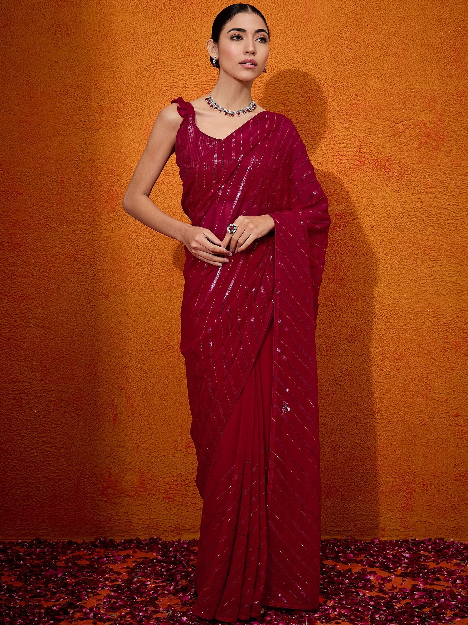 NOZ2TOZ Women's Georgette Pink Embellished Designer Saree With Blouse Piece - Distacart