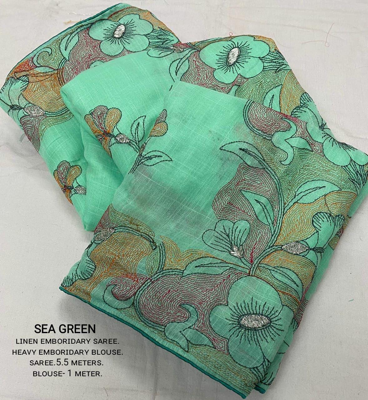 SeaGreen Pure Linen Ethnic Motifs Saree with Unstitched Blouse - Hiral Fashion - Distacart