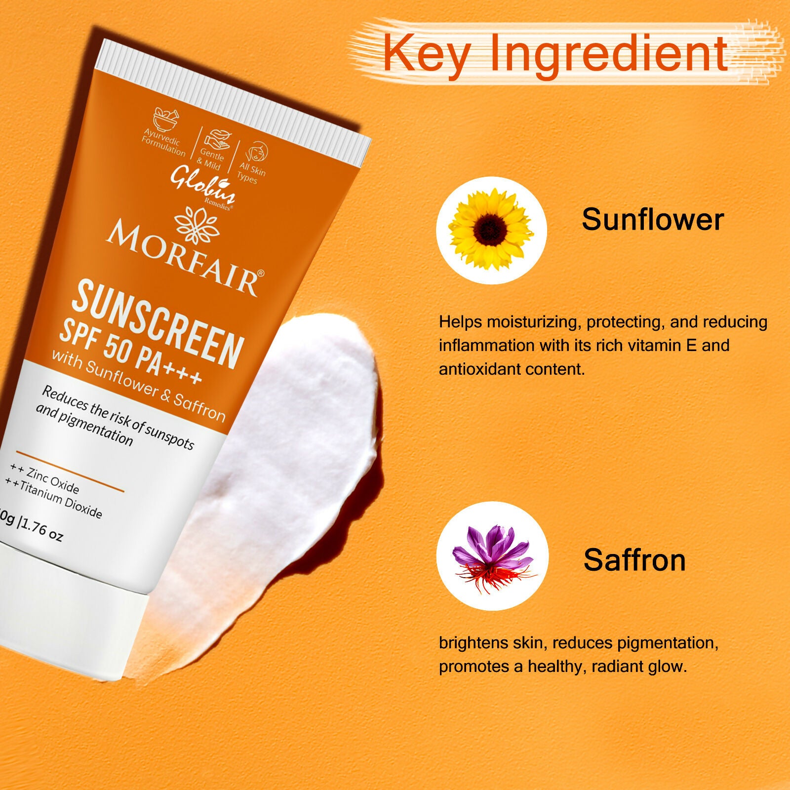 Globus Remedies Morfair Sunscreen SPF 50 PA+++ with Sunflower & Saffron For Reduces Sunspots & Pigmentation