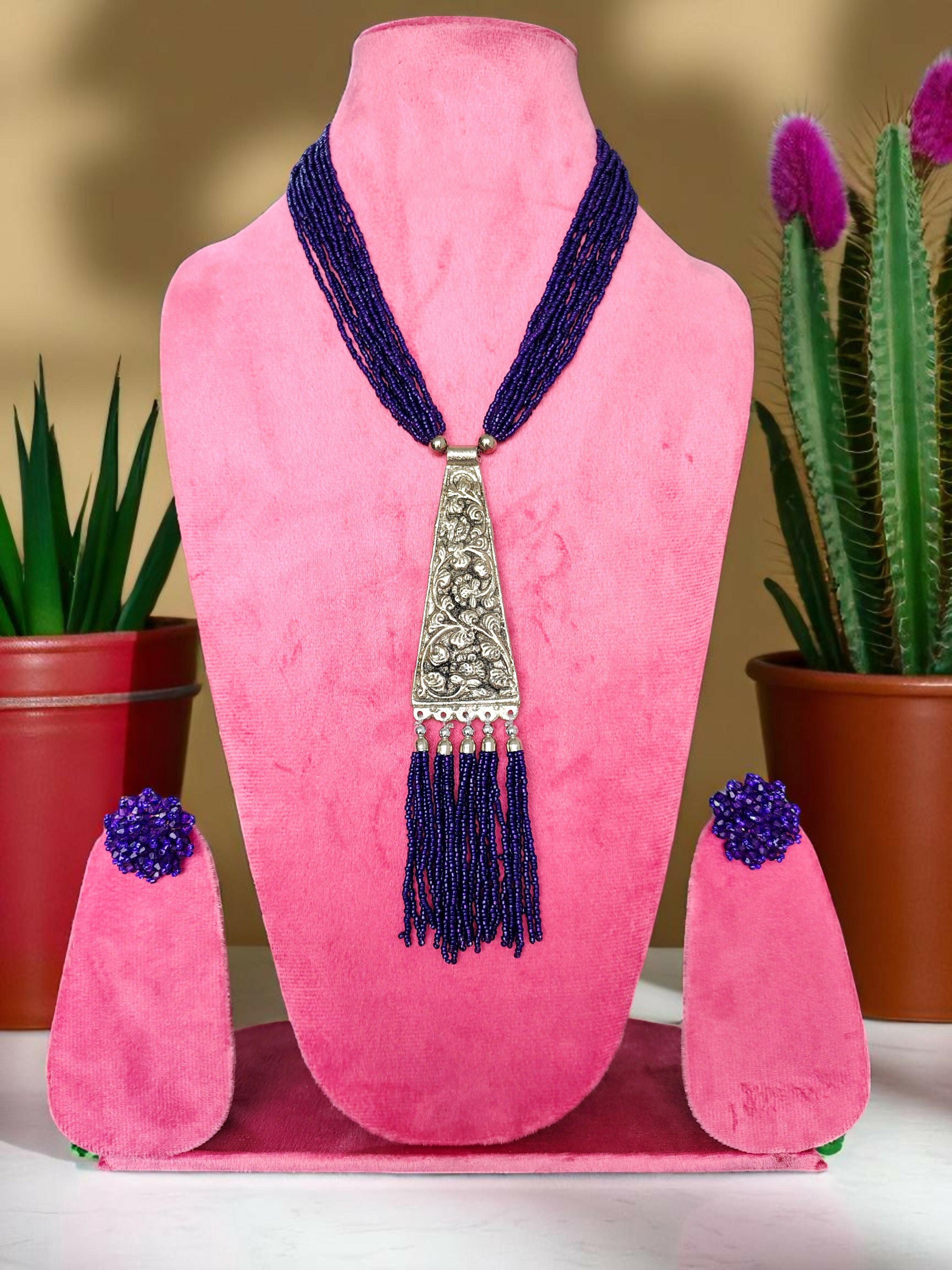 Inhanns Day-To-Dinner Tie Shaped Oxidized Black Metal Multi-Layered Long Necklace Set - Dark Purple - Distacart