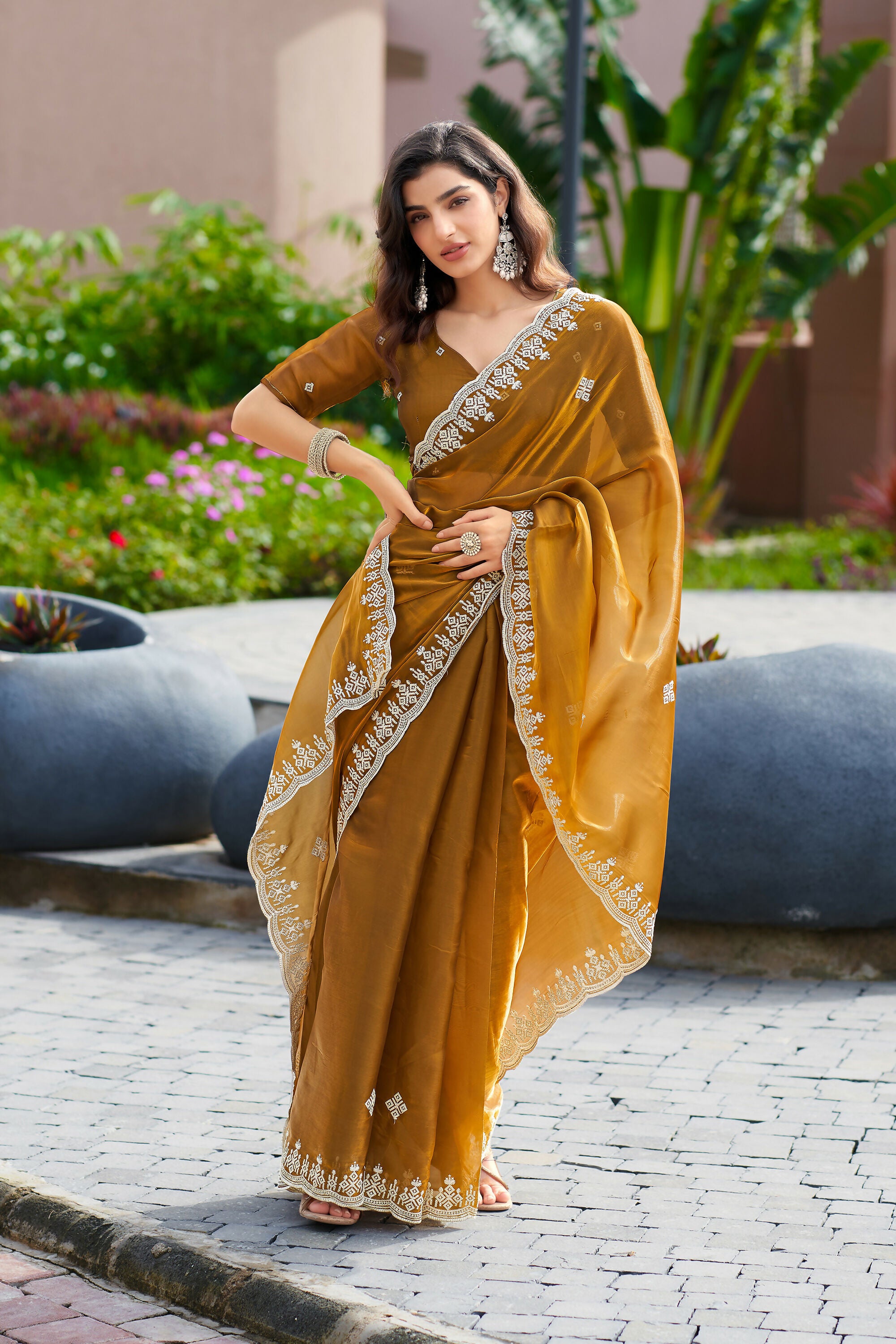 Vastranavya Brown Embroidery Work Shimmer Chiffon Saree with Unstitched Blouse